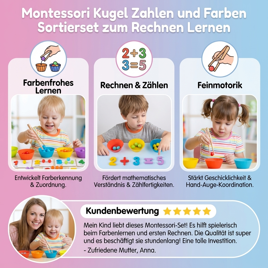 Sortierset mit Kugeln für Zahlen und Farben – Montessori Lernspiel