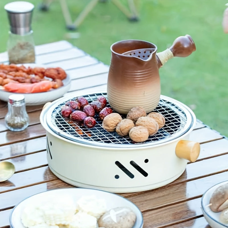 Kompakter Tischgrill mit Holzgriffen – 28 cm Durchmesser