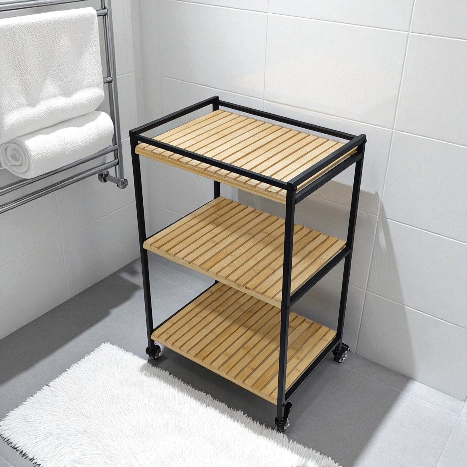 Vielseitiger 3-stöckiger Bambuswagen, 47x33x77cm, Naturholz-Finish