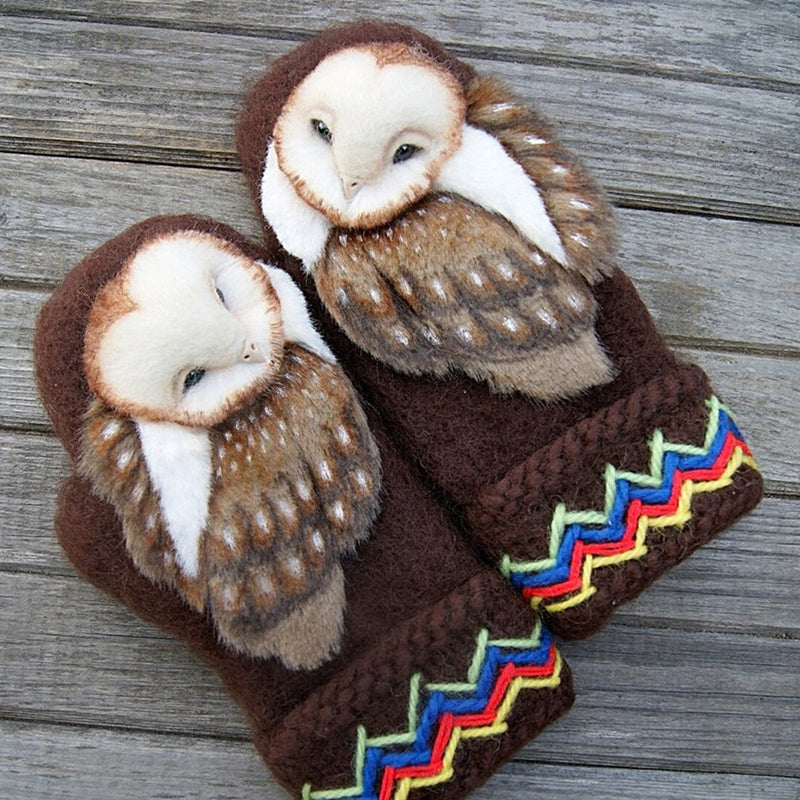 Wollige Nordic-Handschuhe mit Eulenmotiv für Kinder