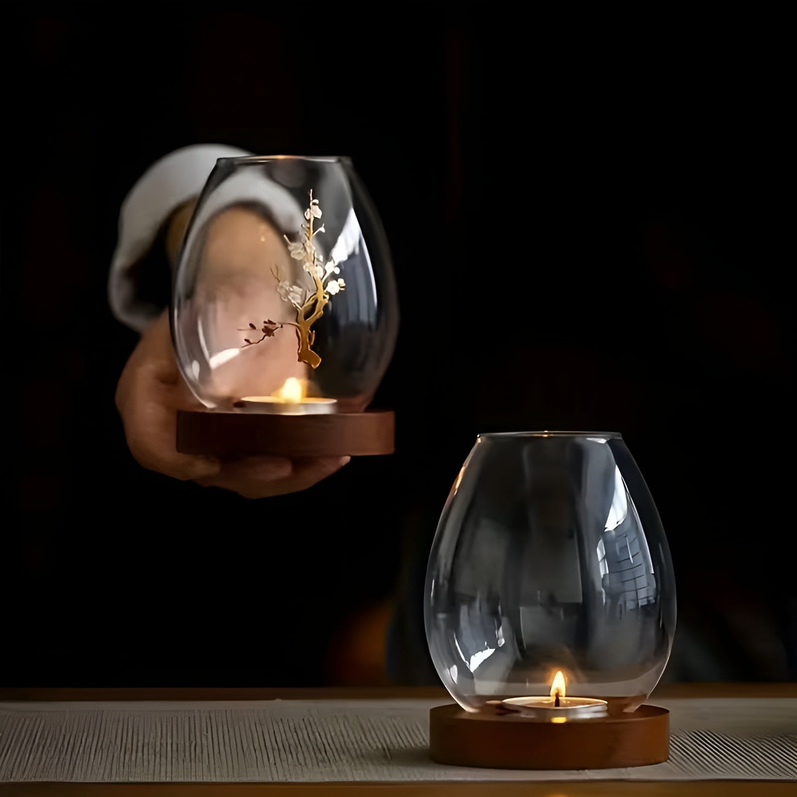 2-teiliges Set Glaskerzenhalter mit Holzsockel - Dekoration im Retro-Zen-Stil | Ideal für Wohnzimmer, Tischdekoration und im Freien