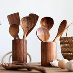 Teak Küchenutensilien Set – 9 Teile mit Halter und Löffelablage