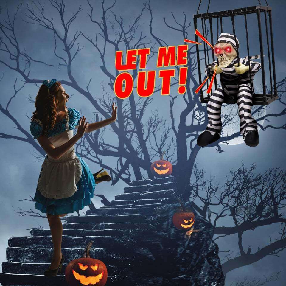 Gruseliger Gefangener in Käfig – Bewegliche Halloween-Deko