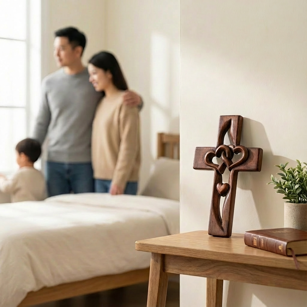 Holzkreuz Wanddekoration mit Verschlungenen Herzen