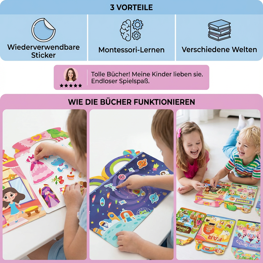 Wiederverwendbare Stickerbücher im Montessori-Stil mit Themenvielfalt