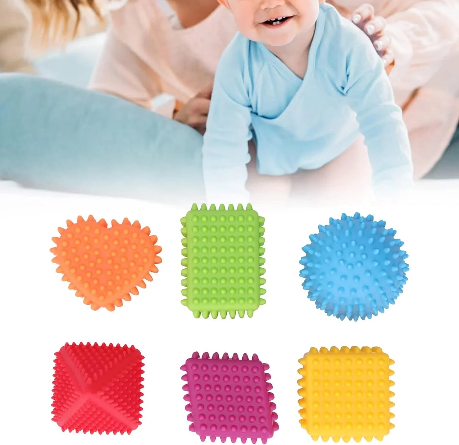 Bunte Greifspielzeuge für Babys – Texturierte Würfel und Formen zur Sinnesförderung