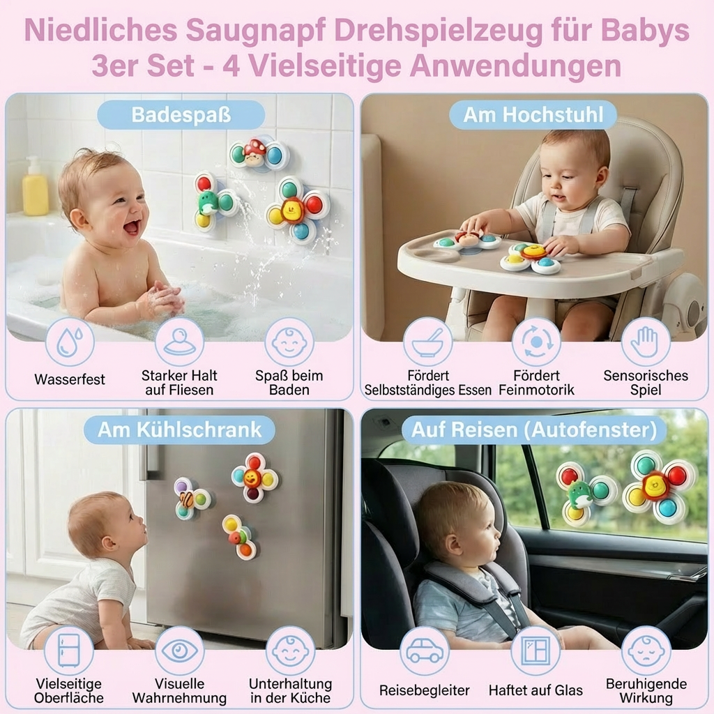 3-teiliges Set mit niedlichen Saugnapf-Drehspielzeugen für Babys