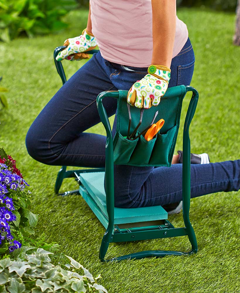 Multifunktionale Gartenbank mit Kniepolster und Werkzeugtaschen
