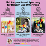 Spielzeug Rassel für Zuhause und unterwegs – 3in1 Raupen-Design
