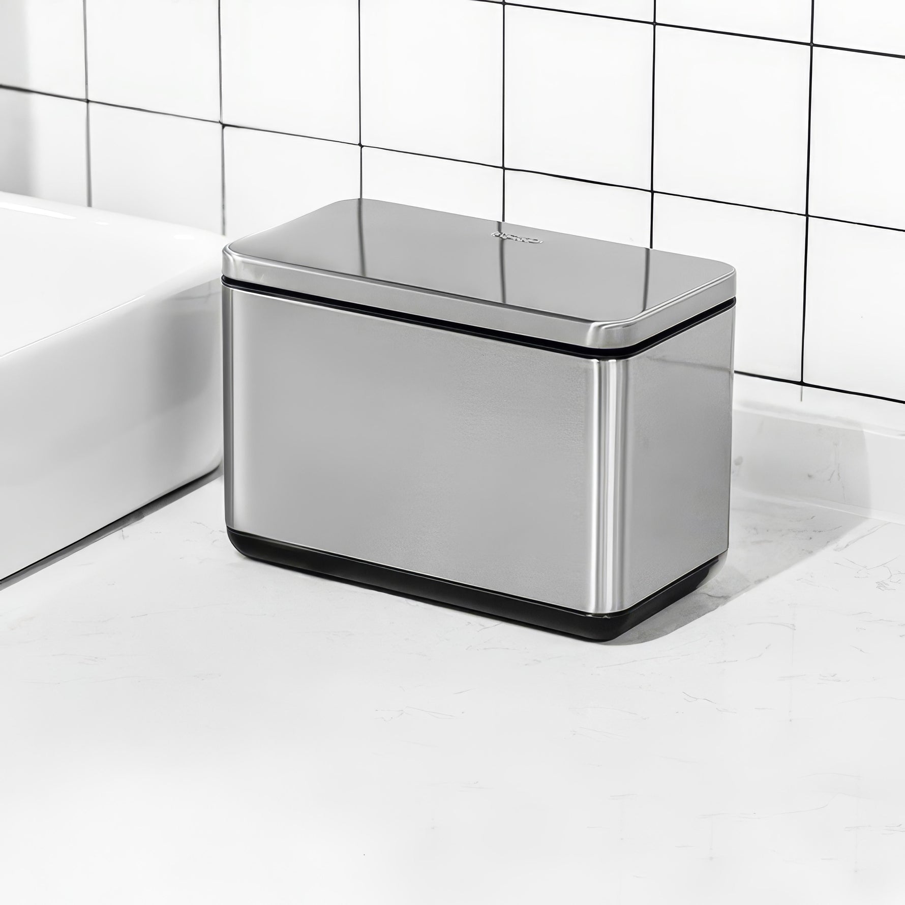 Space-saving stainless steel waste bin with lid for kitchen and bathroom