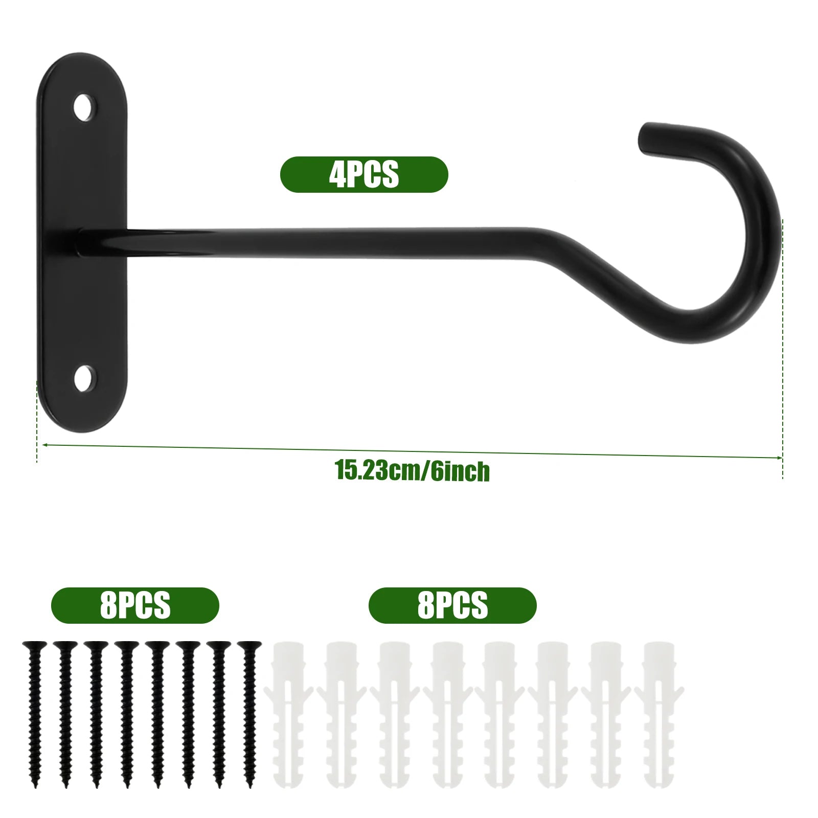 Wall Hooks for Plants – 15 cm Black Iron – Set of 4 with 10 kg Load Capacity