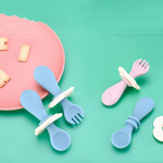Silikon Besteck für Babys – Lernlöffel und Gabel mit Sicherheitsring