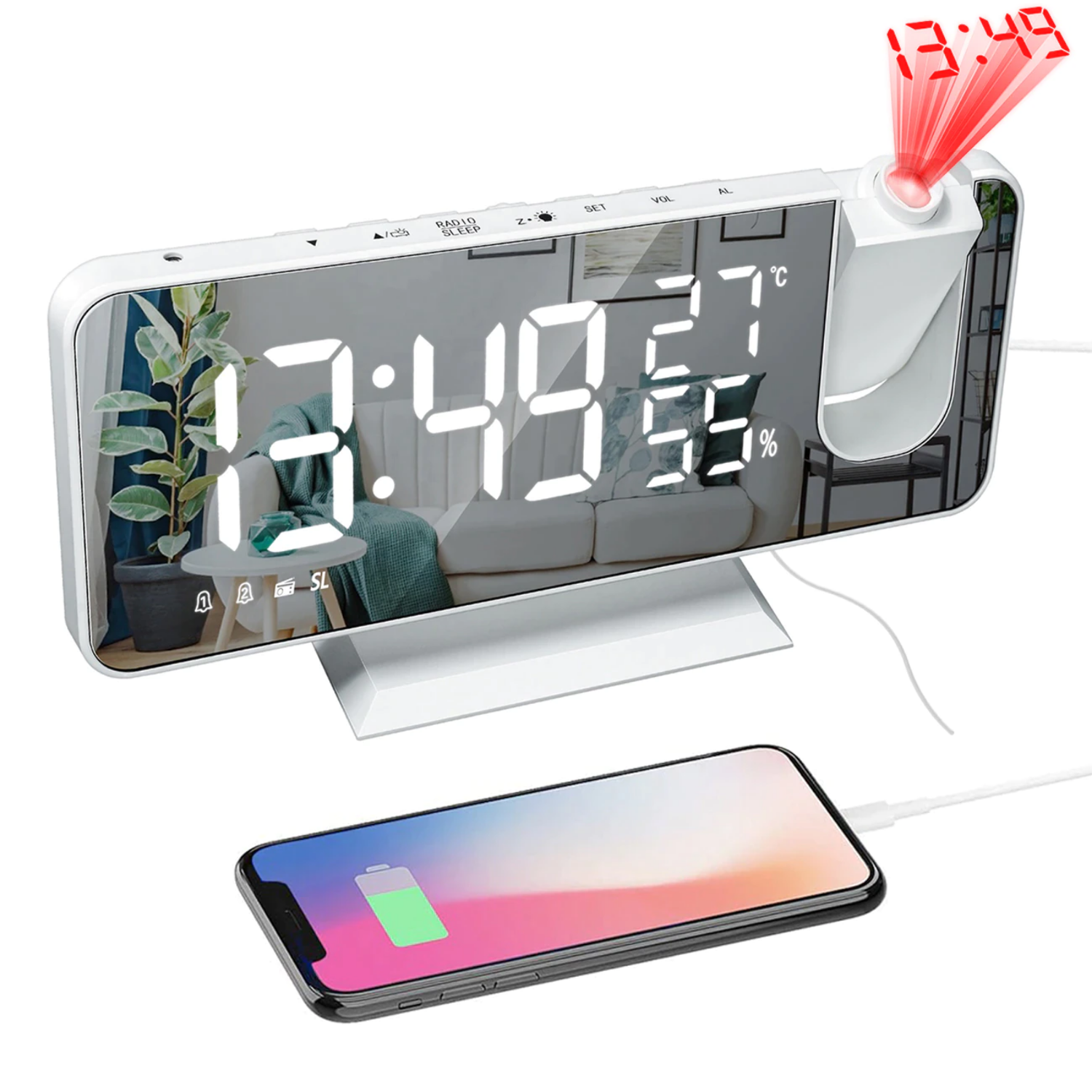 Digitale Projektionsuhr mit LED-Anzeige und FM-Radio