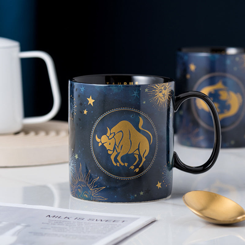 Kaffeetasse aus Keramik in Kobalt Blau mit 12 Sternzeichen