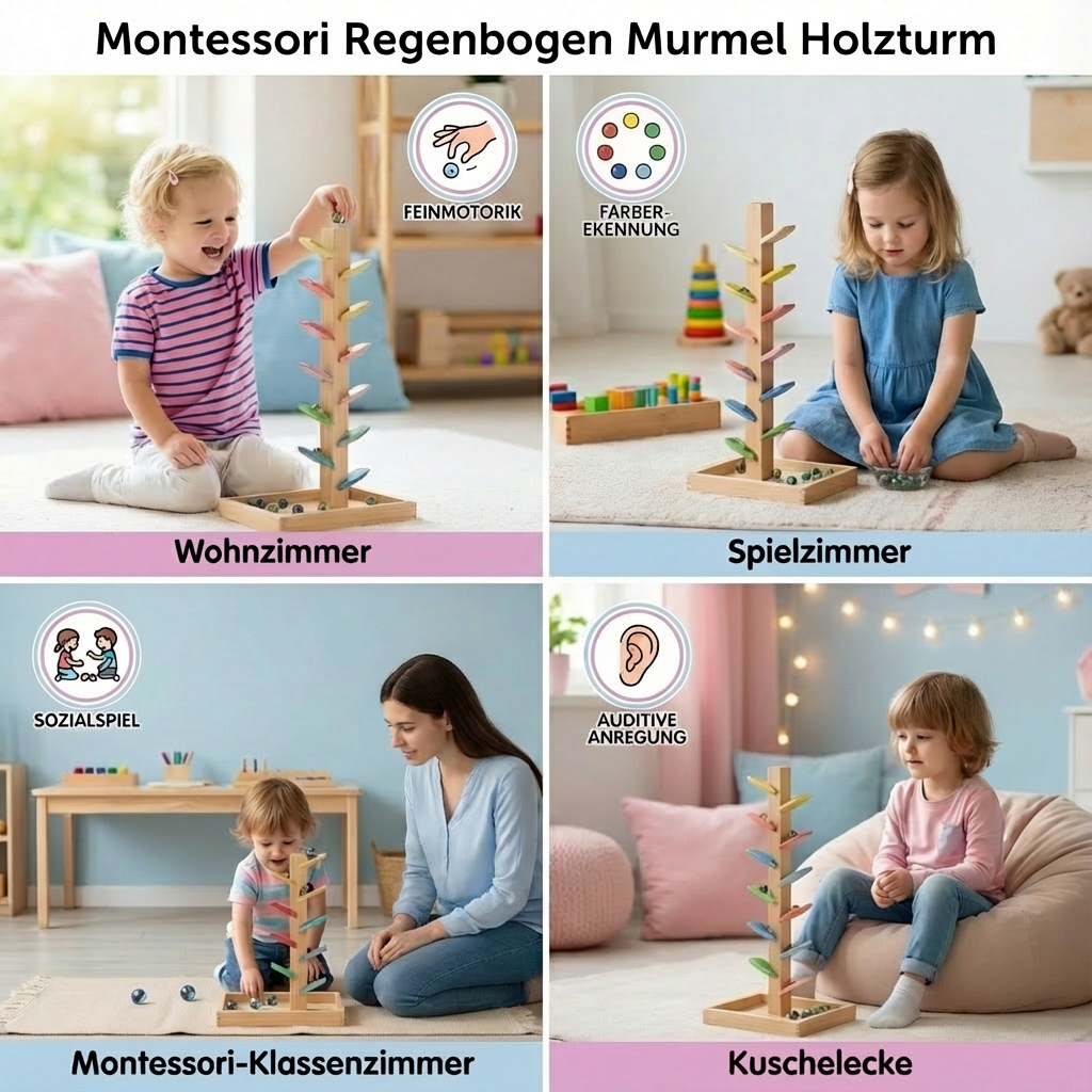 Holzturm mit Regenbogen-Murmeln im Montessori-Stil
