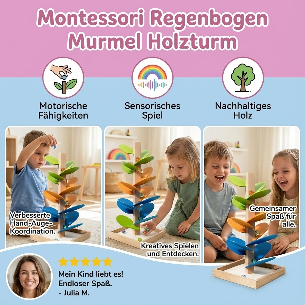 Holzturm mit Regenbogen-Murmeln im Montessori-Stil