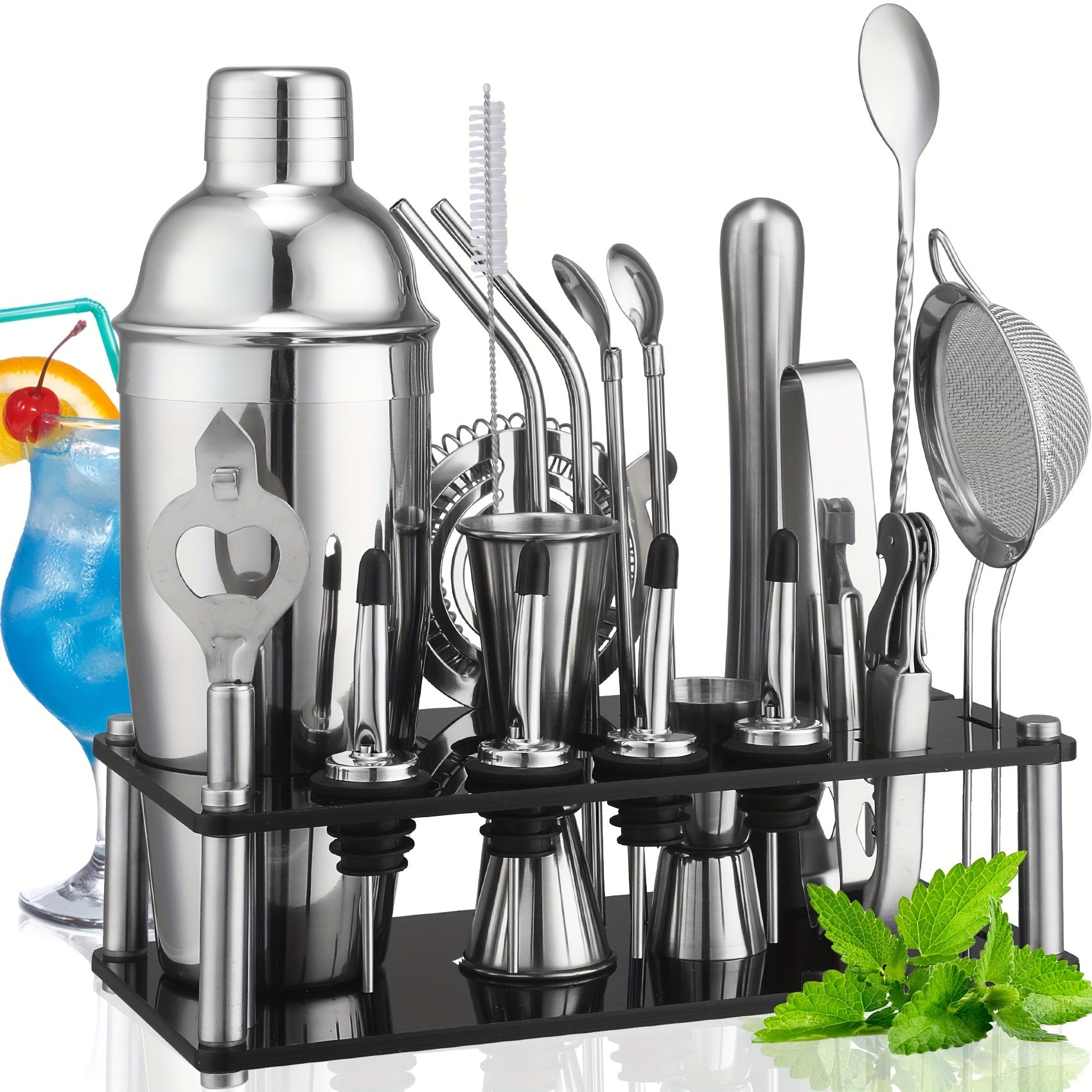 Elegantes Cocktail-Set mit 20 Profi-Werkzeugen und Acrylständer