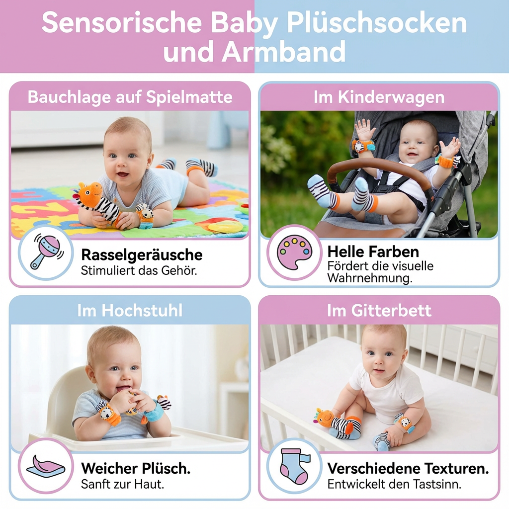 Plüschsocken und Armband für Babys mit sensorischen Elementen