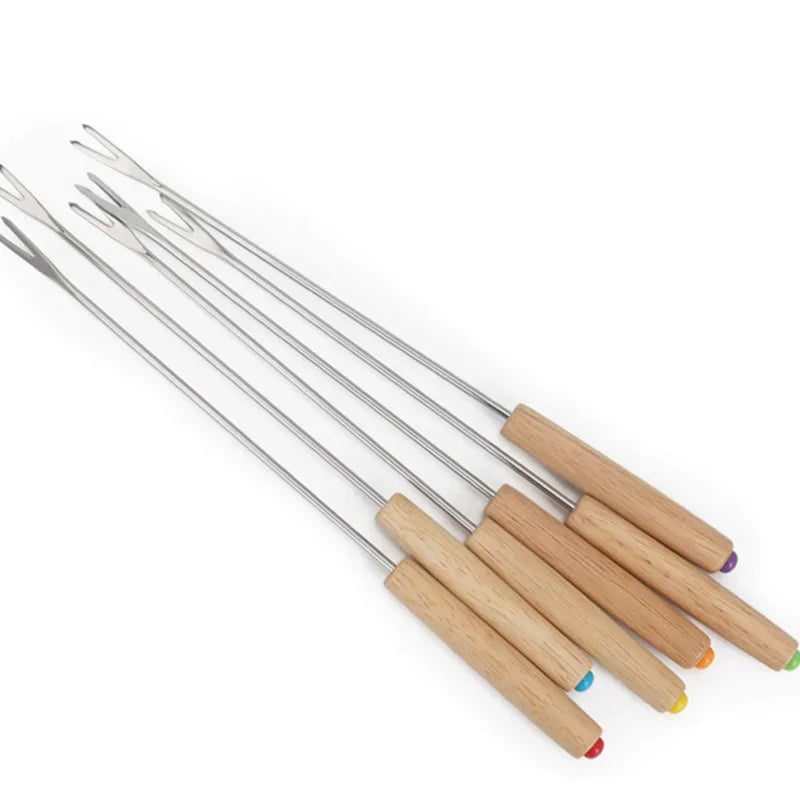 6er Set Grillgabeln aus Edelstahl mit Holzgriff für Outdoor-Fans