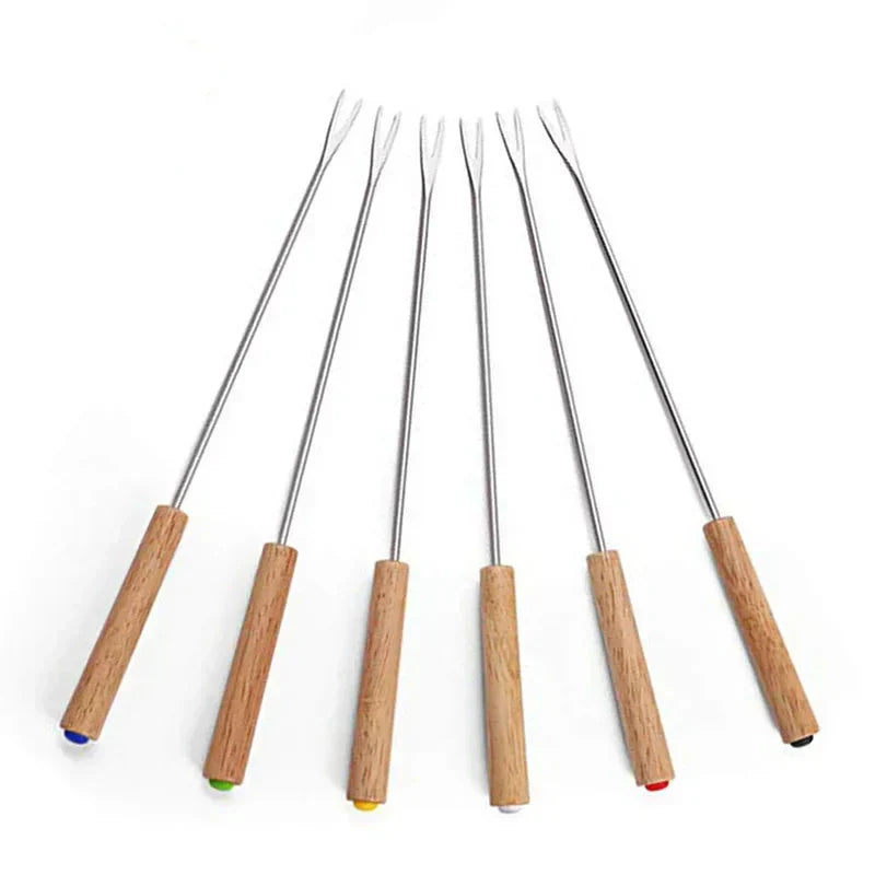 6er Set Edelstahlgabeln mit Holzgriff für Grill und Lagerfeuer