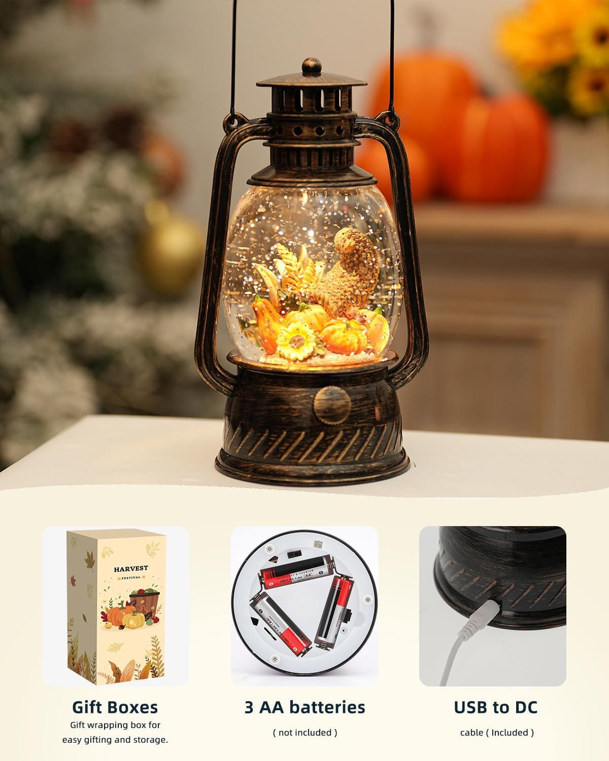 Herbstliche Dekorlampe mit Kürbissen – Warmes LED Licht und 6-Stunden Timer