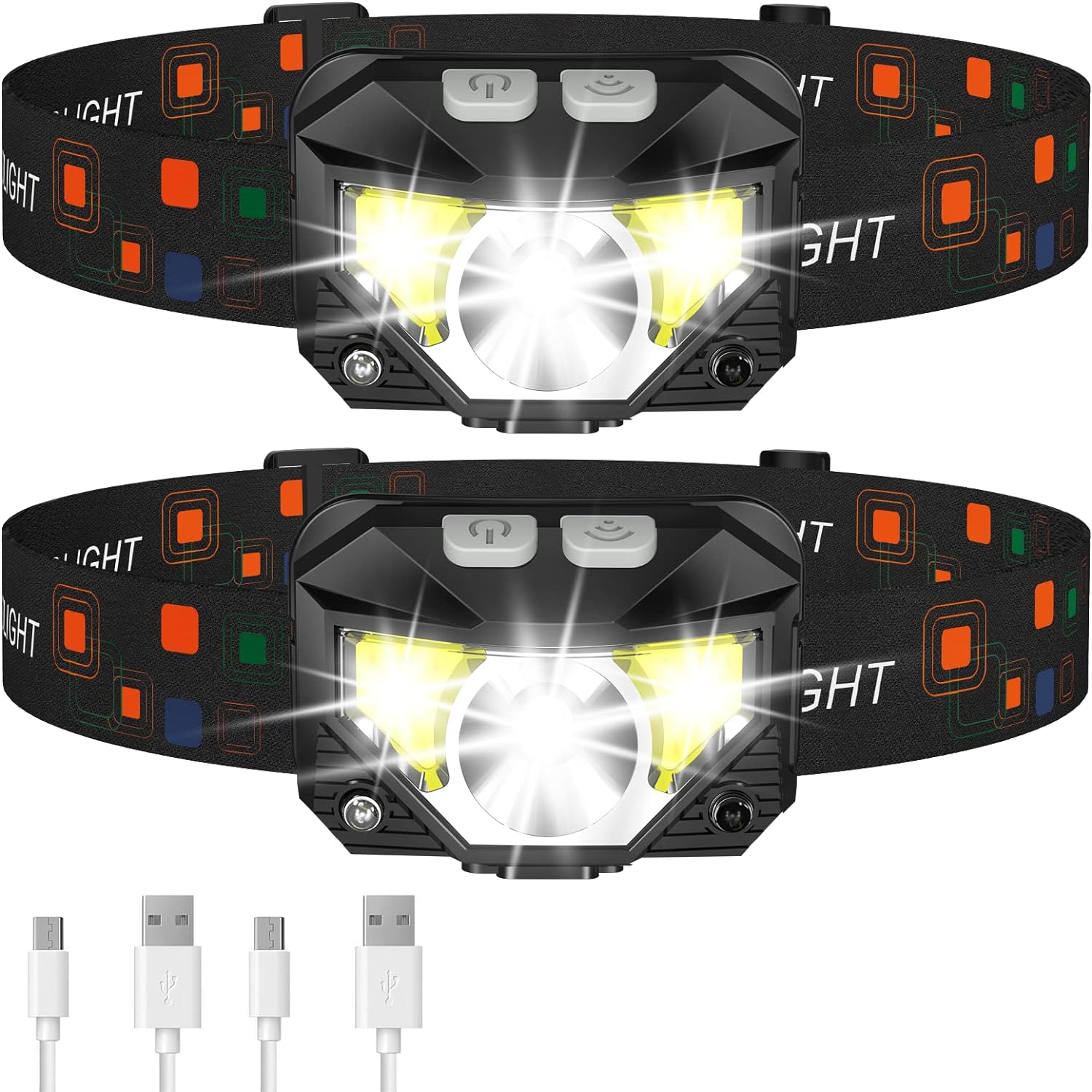 Two-piece set of ultra-bright LED headlamps with sensor and splash protection