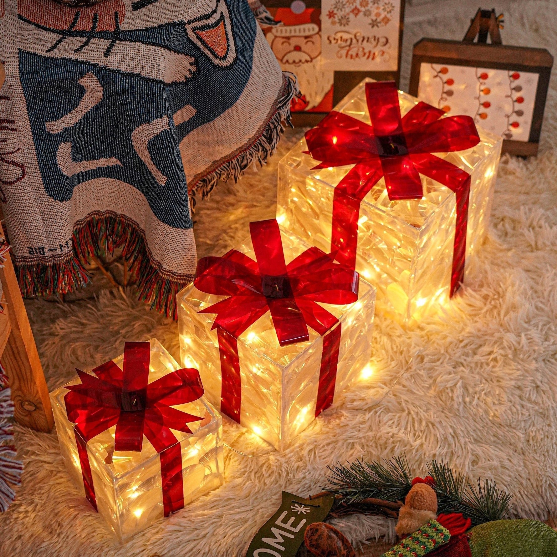 Leuchtende Geschenkboxen – Set mit 3 LED-Weihnachtsgeschenken für drinnen und draußen