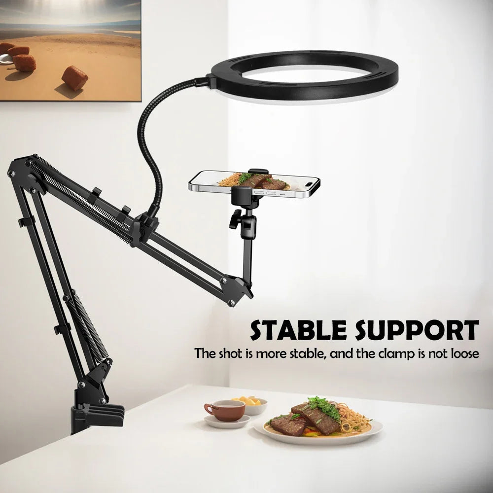 Strahlendes LED-Ringlicht mit flexiblem Arm und Smartphonehalter | 3 Lichtmodi & USB-Betrieb | Ideal für Livestreams, Videos und Selfies