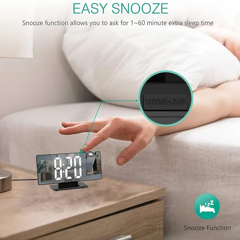 Projection Alarm Clock with Flexible 180° Display – Snooze Function and Temperature Display