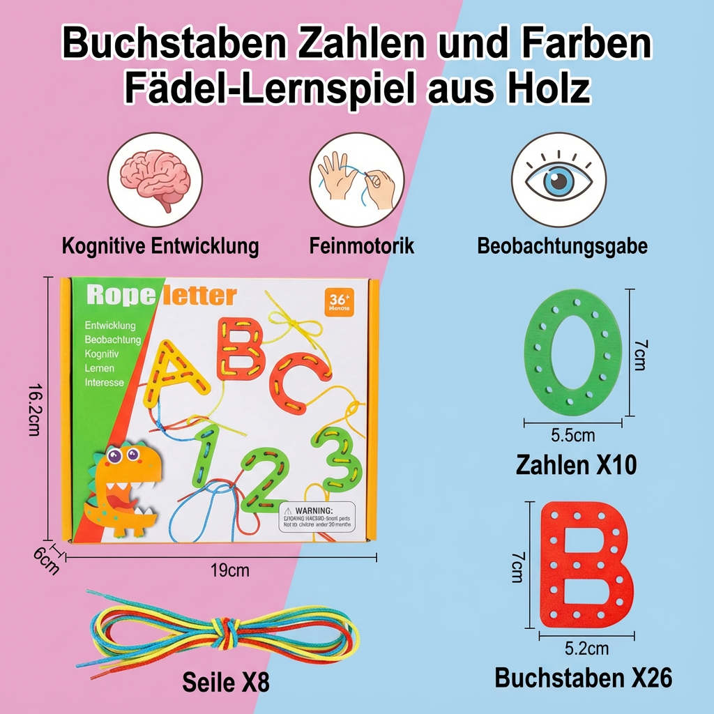 Lernspiel aus Holz mit Fädeln von Buchstaben, Zahlen und Farben