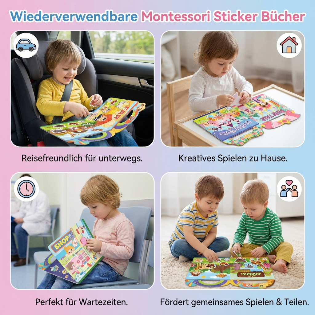 Wiederverwendbare Stickerbücher im Montessori-Stil mit Themenvielfalt
