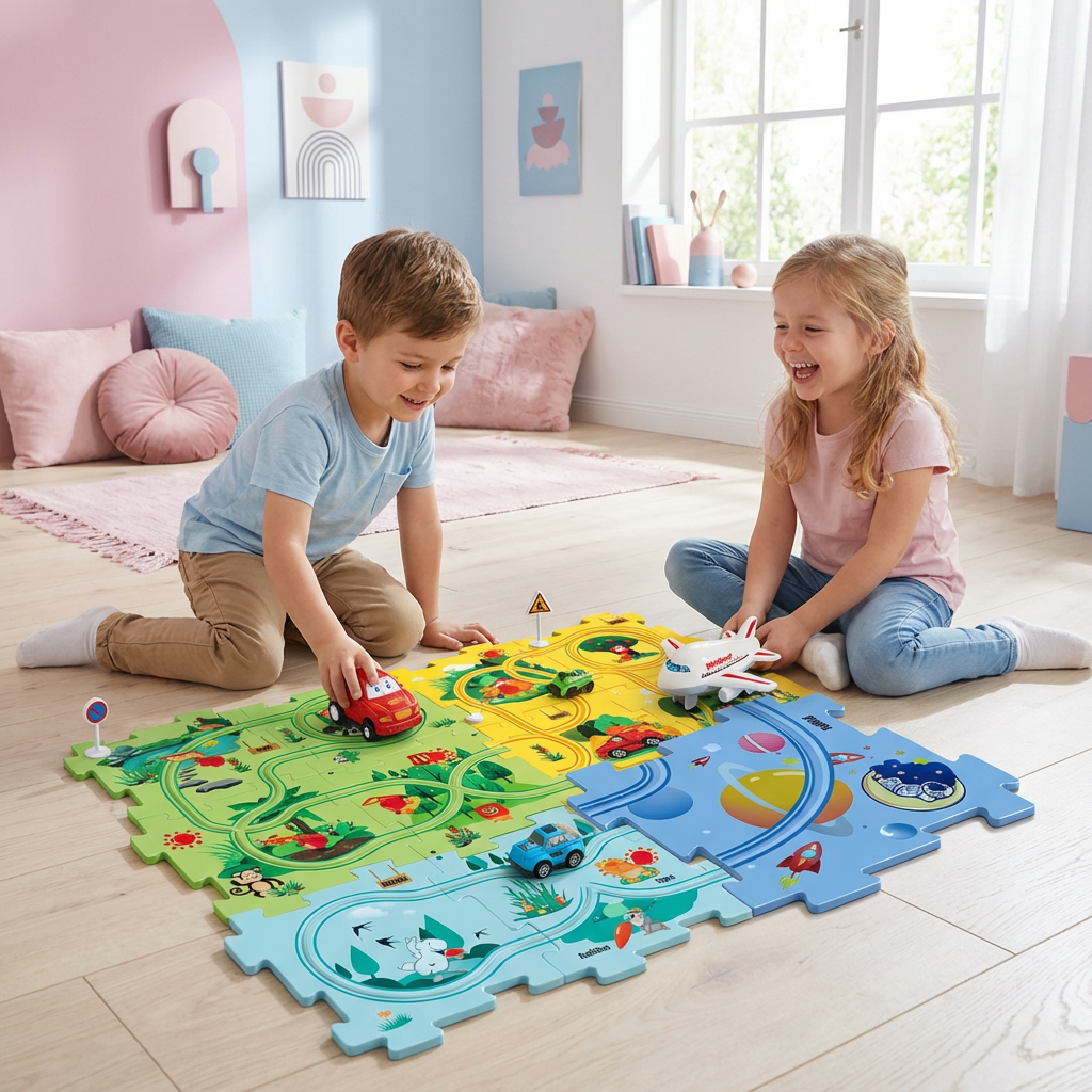 Rennbahn Puzzle mit Bausteinen für Kinder