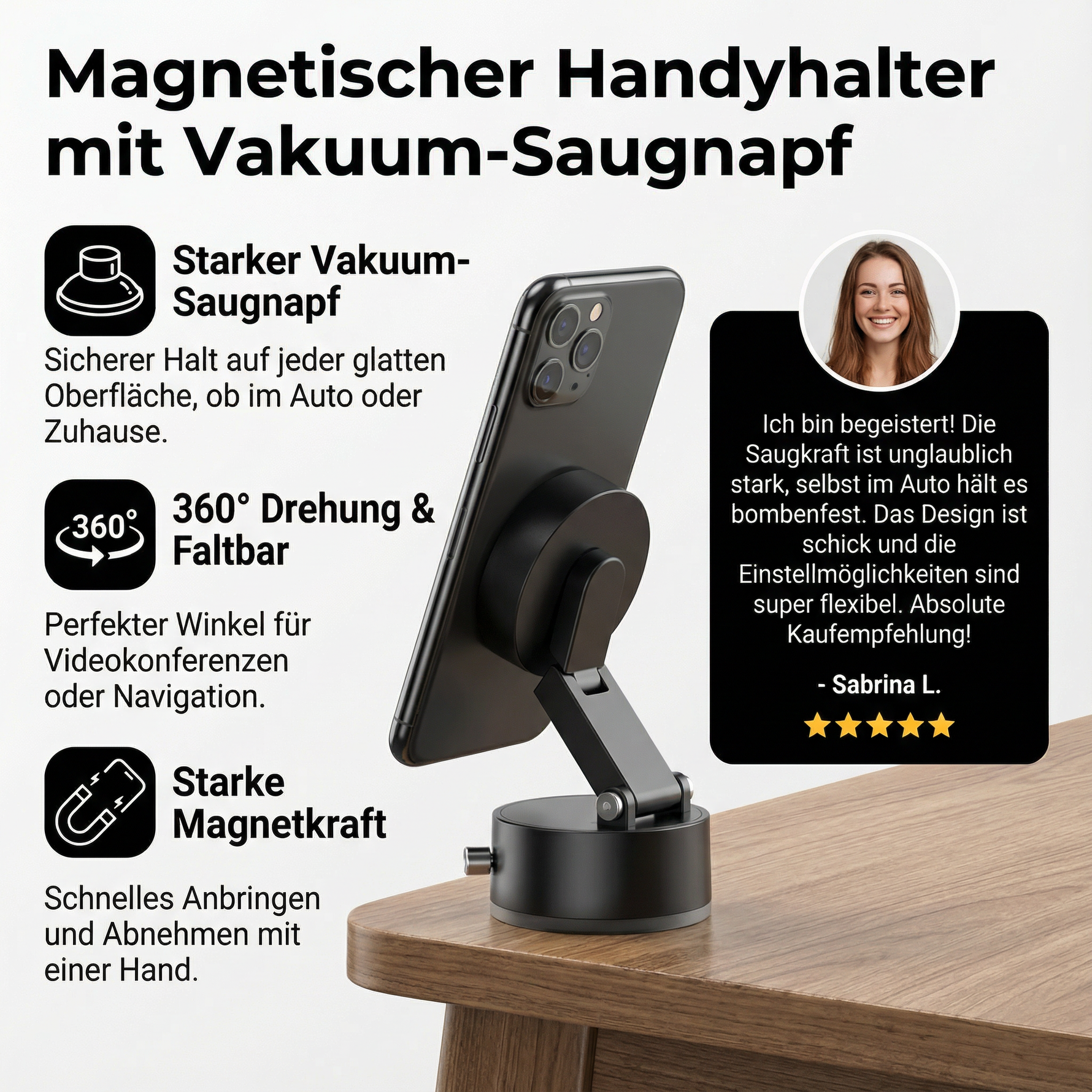 Compact, double-sided smartphone holder with vacuum magnet