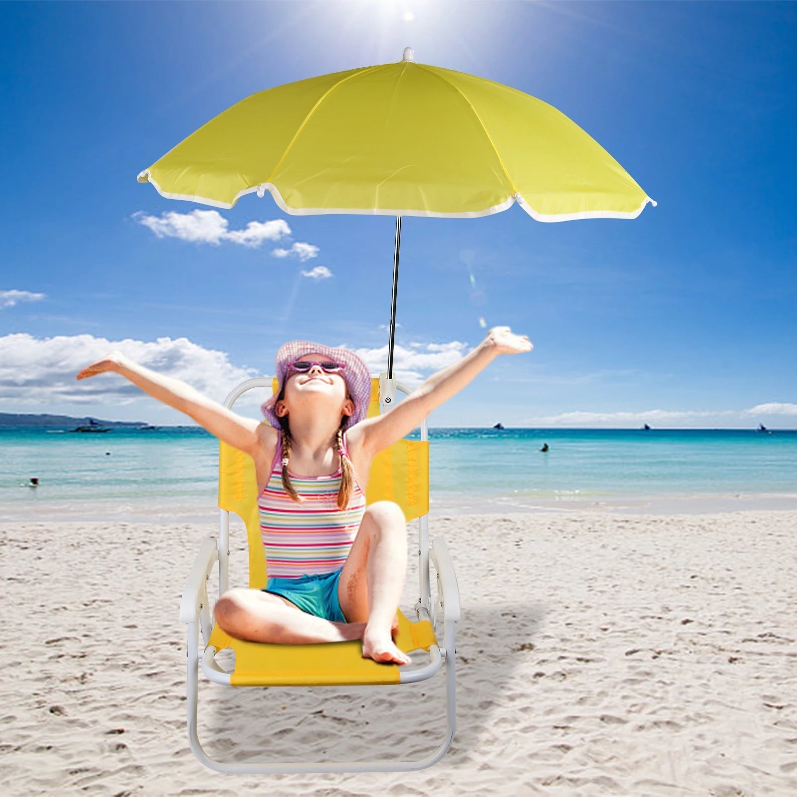 Foldable children's beach chair with integrated sunshade