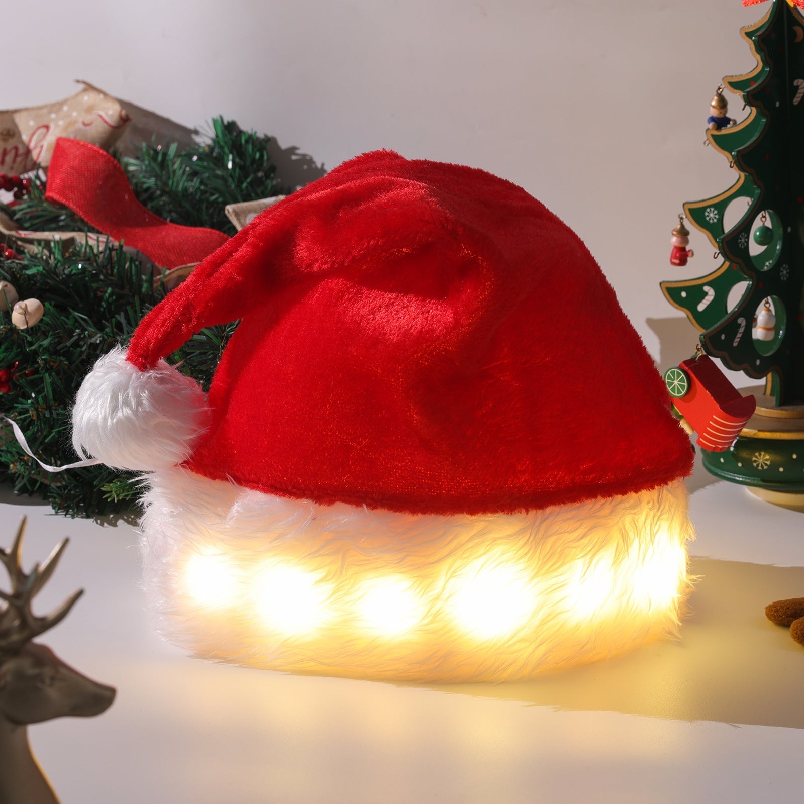 Beleuchtete Weihnachtsmütze mit LED-Lichtern – Weiche Plüsch-Santa-Mütze