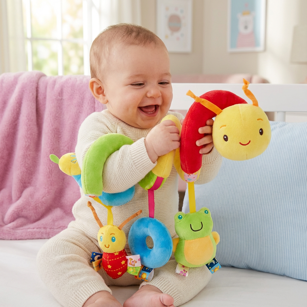Spielzeug Rassel für Zuhause und unterwegs – 3in1 Raupen-Design