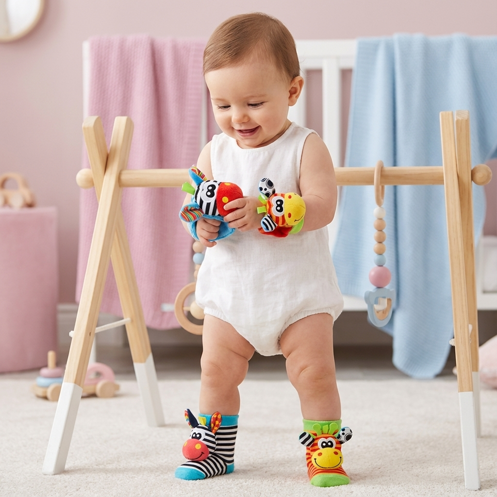 Plüschsocken und Armband für Babys mit sensorischen Elementen