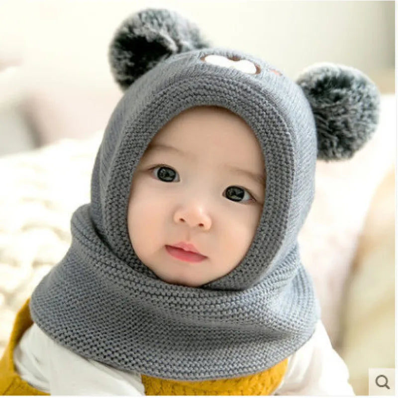 Warme Strickmütze für Babys mit Ohren – Fleecefutter und Tierdesign
