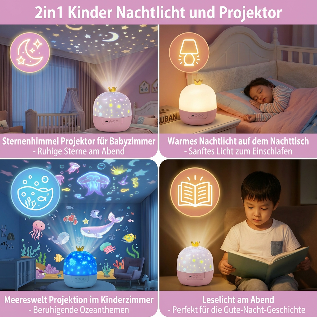 Nachtlicht und Projektor für Kinder im 2-in-1 Design