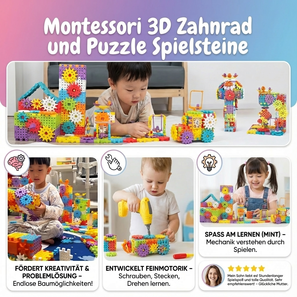 3D Zahnradspiel und Puzzle-Steine nach Montessori-Methode