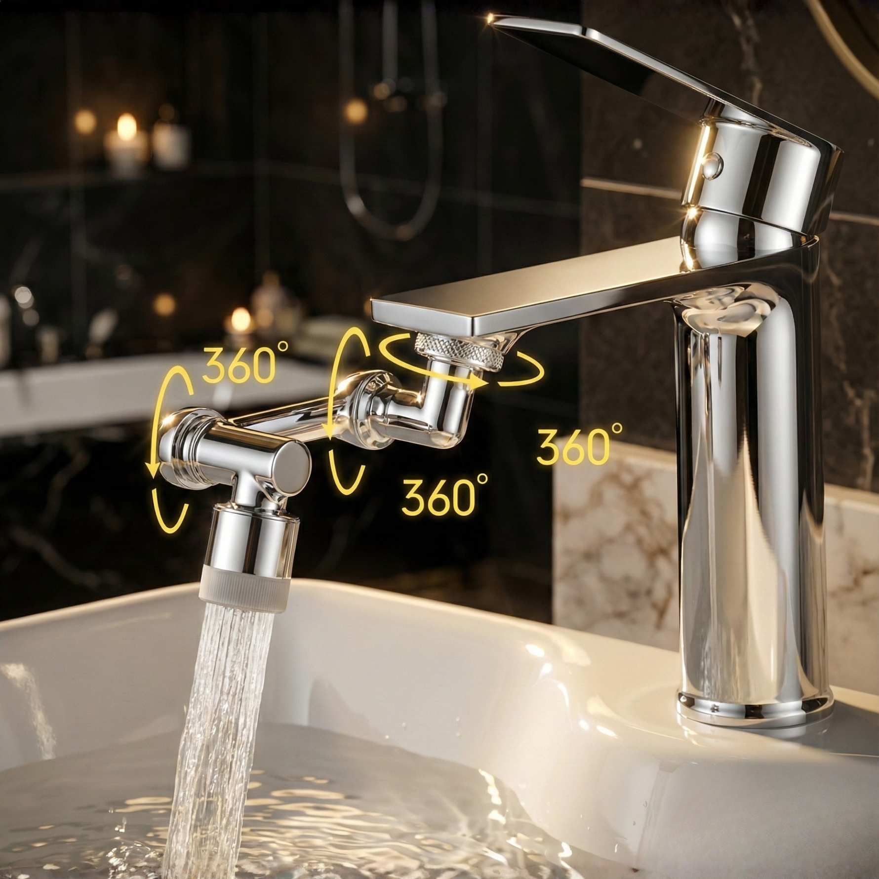 Drehbarer Wasserhahnaufsatz mit 1080° Beweglichkeit und zwei Sprühmodi