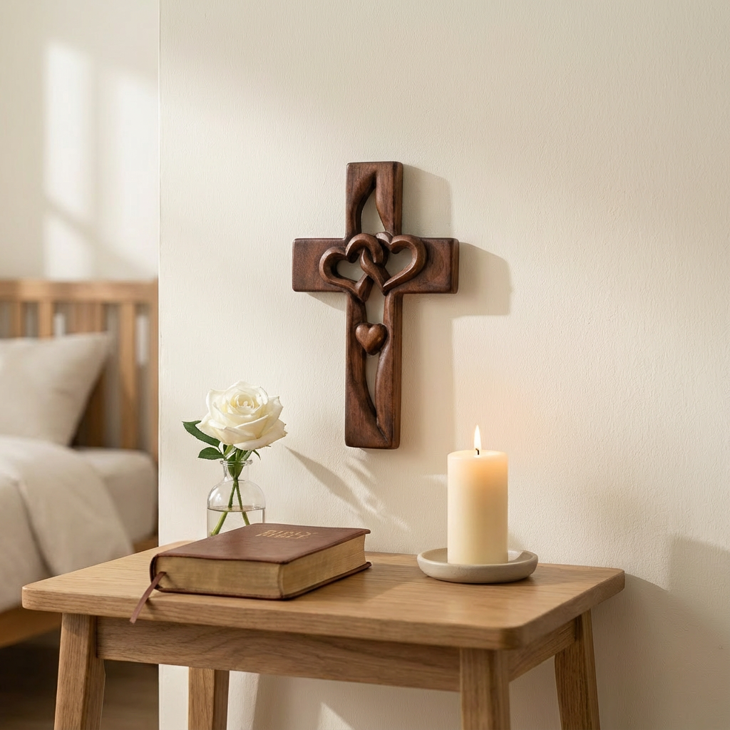 Holzkreuz Wanddekoration mit Verschlungenen Herzen