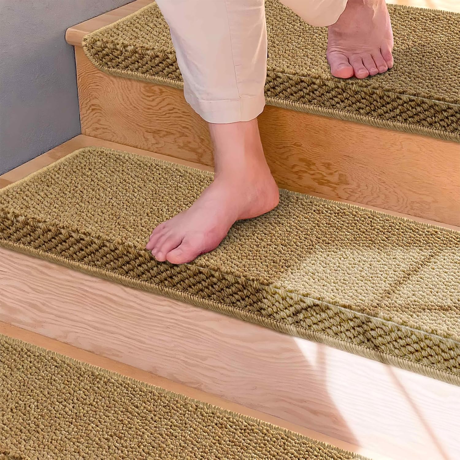 Rutschfeste Teppich-Stufenmatten mit Kanten Schutz – Treppensafe (14er Pack, Beige)