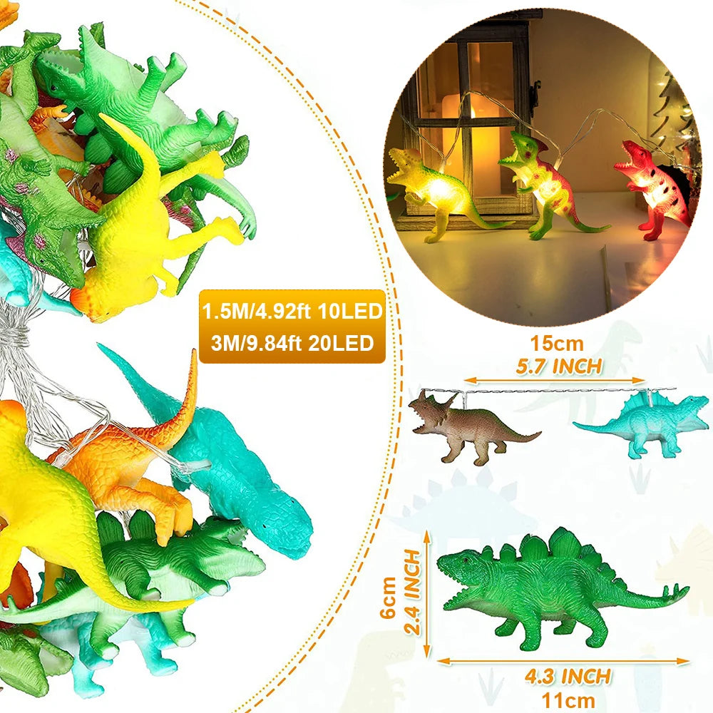 DinoLights | LED Dinosaur String Lights for Kids | Warm White | 1.5 m / 3 m Battery Operated
