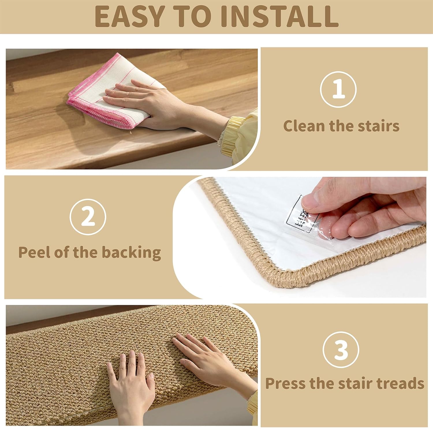 Rutschfeste Teppich-Stufenmatten mit Kanten Schutz – Treppensafe (14er Pack, Beige)