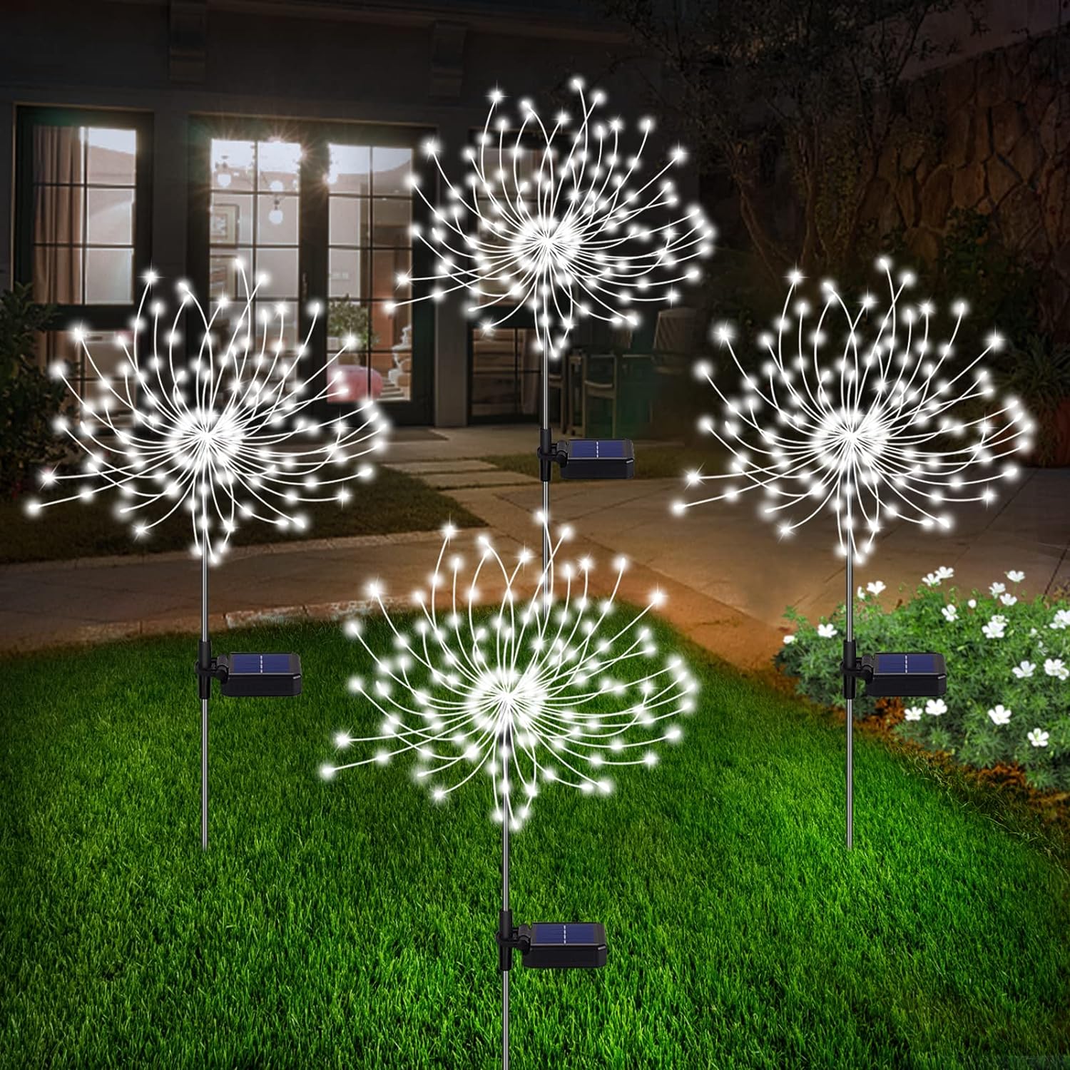 4er Set Solar Feuerwerk Gartenlichter - Wetterfeste LED Dekoleuchten, Solarenergie für Garten und Terrasse