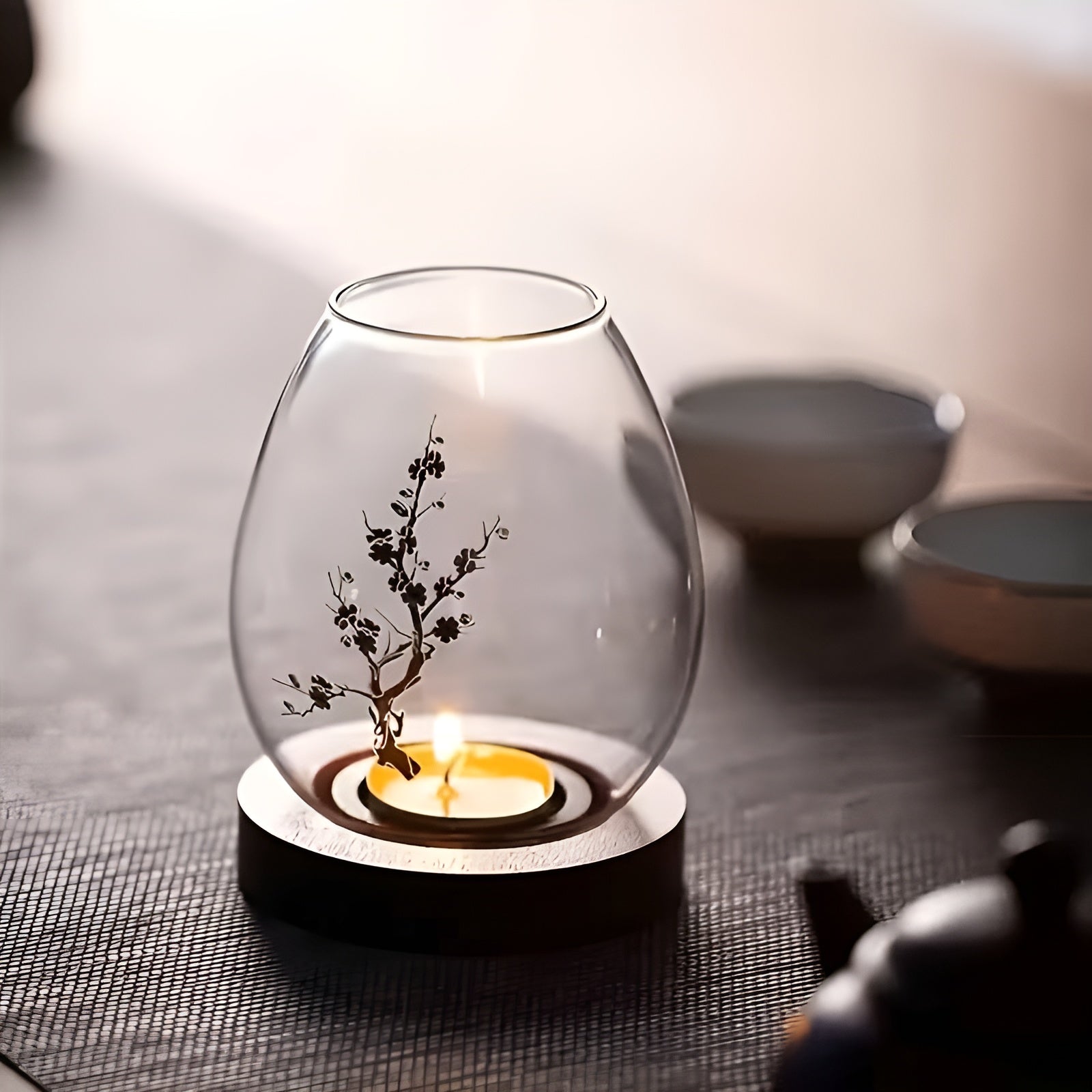 Elegantes 2er Set Glas-Kerzenhalter mit Holzfuß – Retro-Zen Flair für Ihr Zuhause