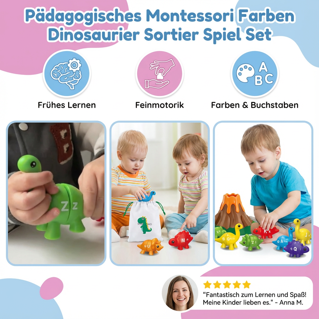 Farben Sortierspiel Set mit Dinosauriern nach Montessori-Prinzipien