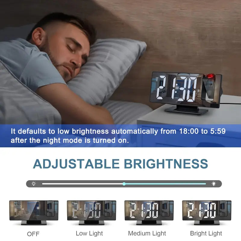 Projection Alarm Clock with Flexible 180° Display – Snooze Function and Temperature Display