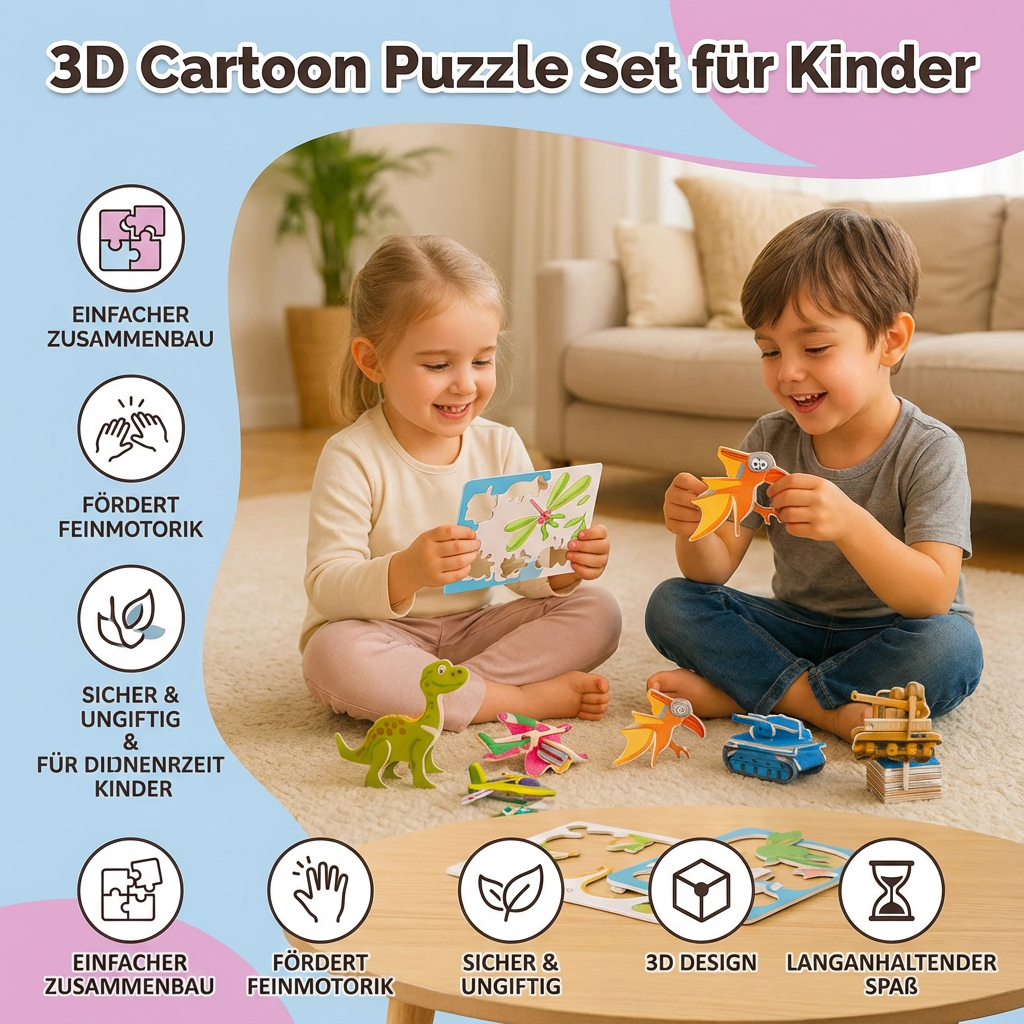 Puzzle Set mit 3D Cartoon Motiven für Kinder